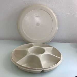 Vintage Tupperware almond divided tray serving platter covered EUC